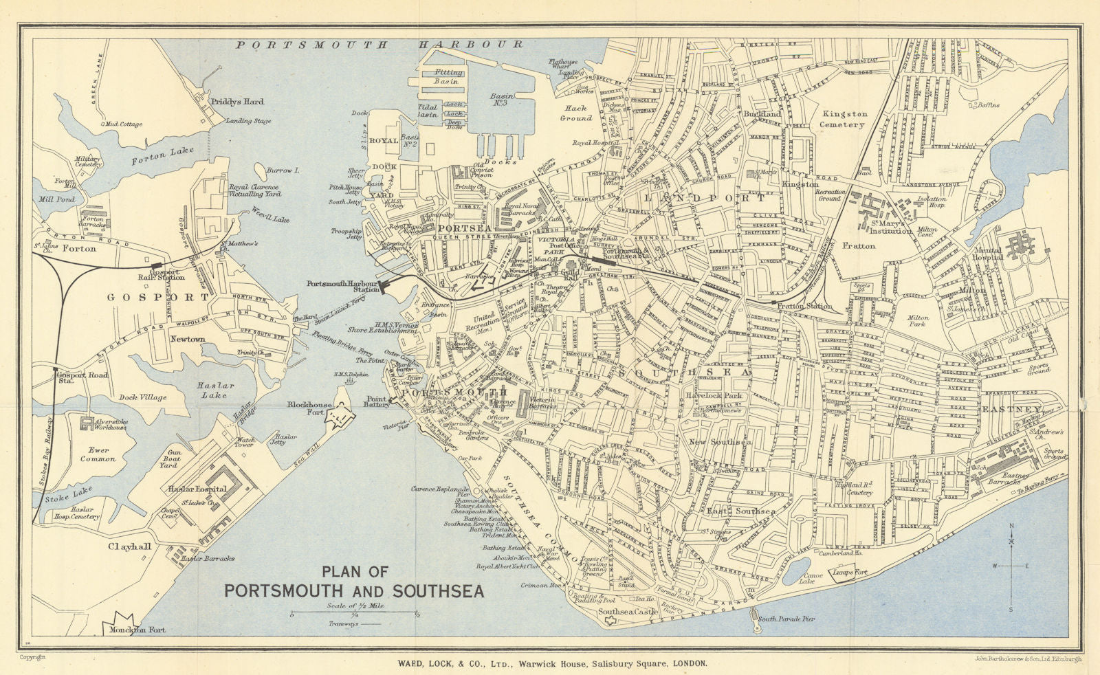 PORTSMOUTH vintage tourist town city plan. Southsea Gosport. WARD LOCK 1947 map